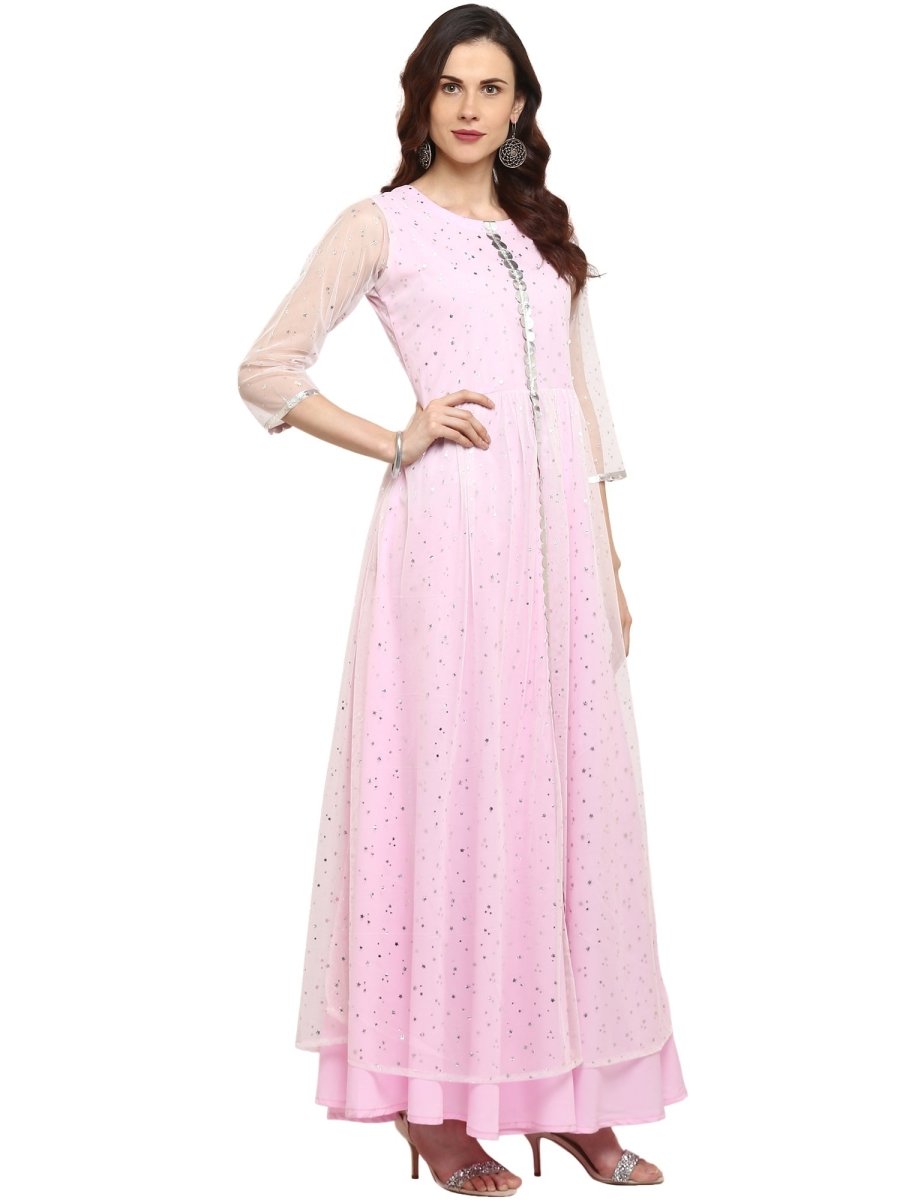 Ahalyaa Women's Stylist Double Layered Light Pink Indo Western Kurta Dress | Swadesiicart