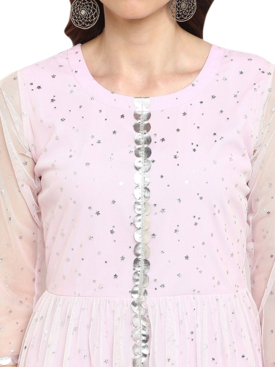 Ahalyaa Women's Stylist Double Layered Light Pink Indo Western Kurta Dress | Swadesiicart