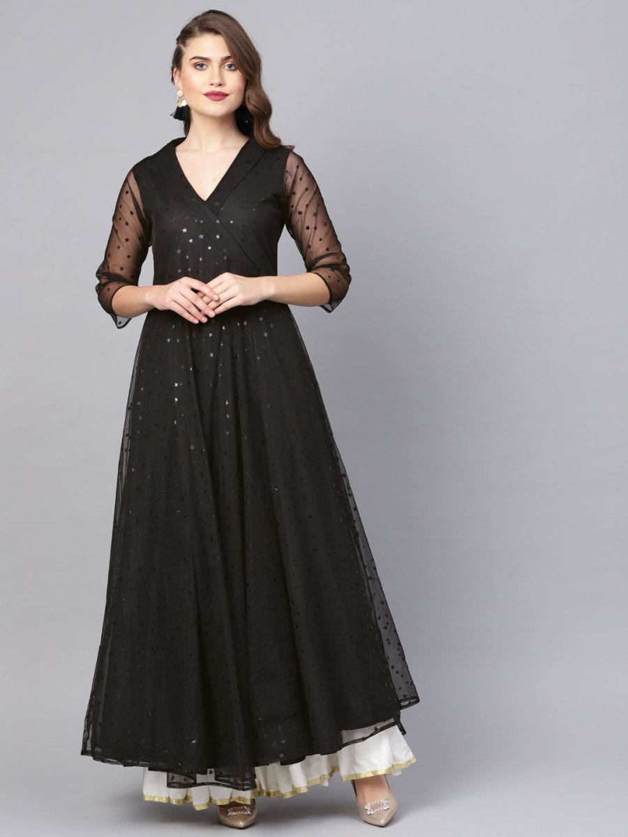 Ahalyaa Black Star Foil Print Angrakha Anarkali Kurta | Swadesiicart