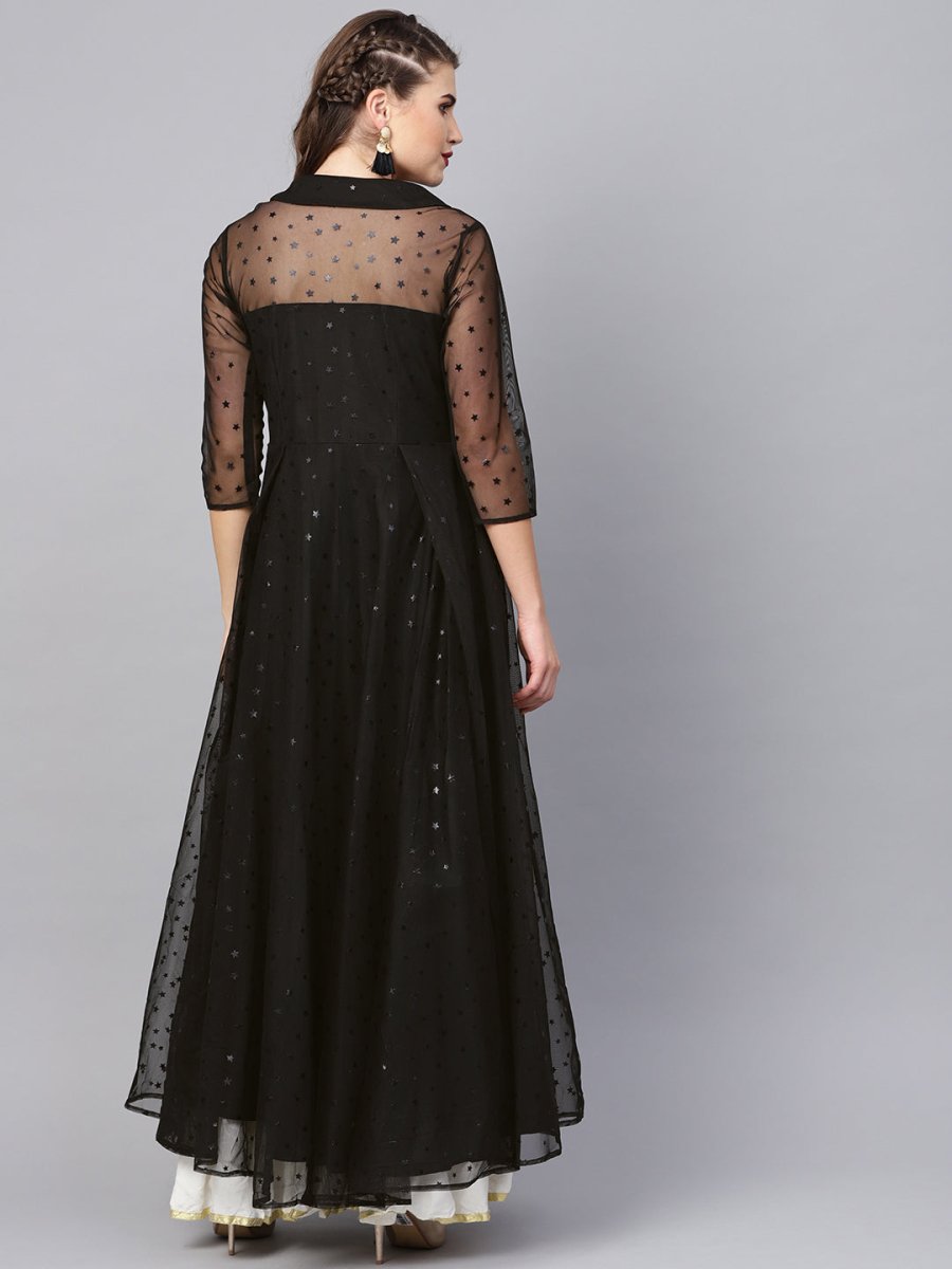Ahalyaa Black Star Foil Print Angrakha Anarkali Kurta | Swadesiicart