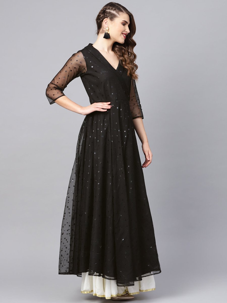 Ahalyaa Black Star Foil Print Angrakha Anarkali Kurta | Swadesiicart
