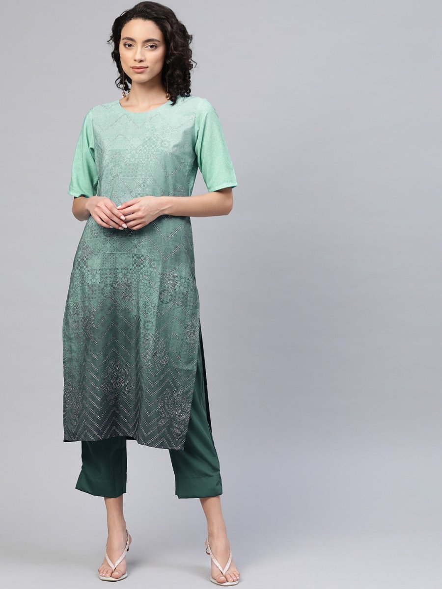 Ahalyaa Women Sea Green & Blue Printed Kurta With Trousers | Swadesiicart