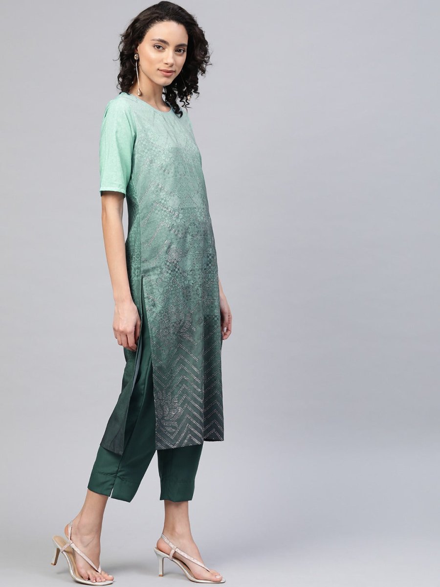 Ahalyaa Women Sea Green & Blue Printed Kurta With Trousers | Swadesiicart