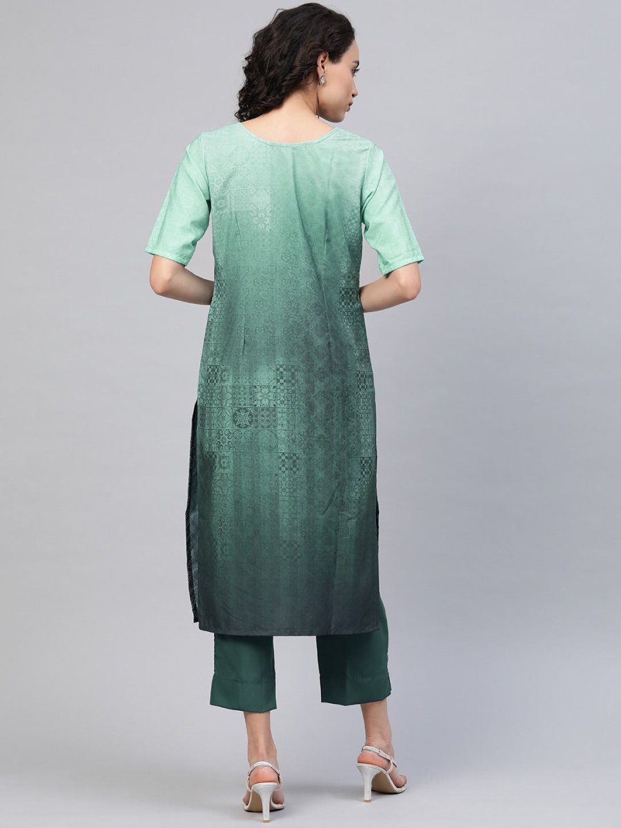 Ahalyaa Women Sea Green & Blue Printed Kurta With Trousers | Swadesiicart