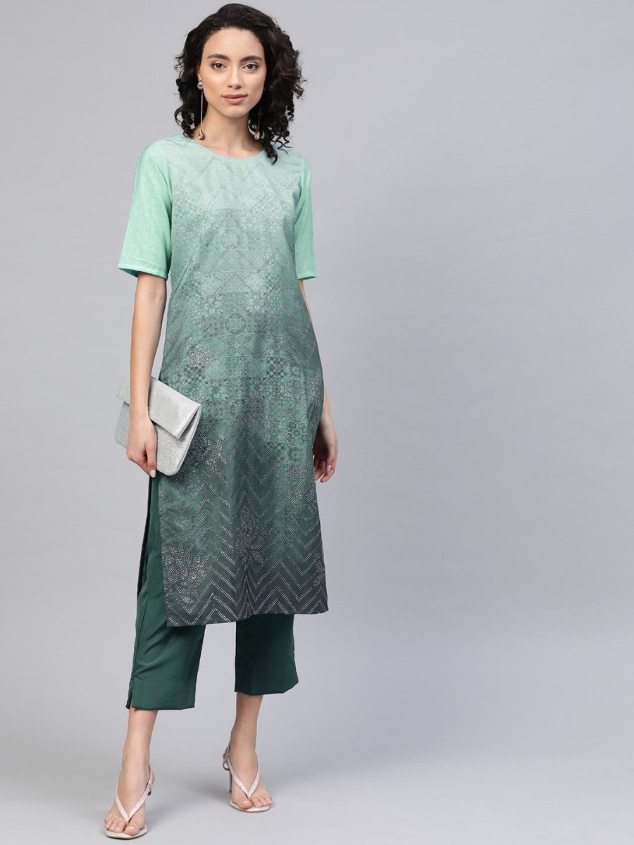 Ahalyaa Women Sea Green & Blue Printed Kurta With Trousers | Swadesiicart