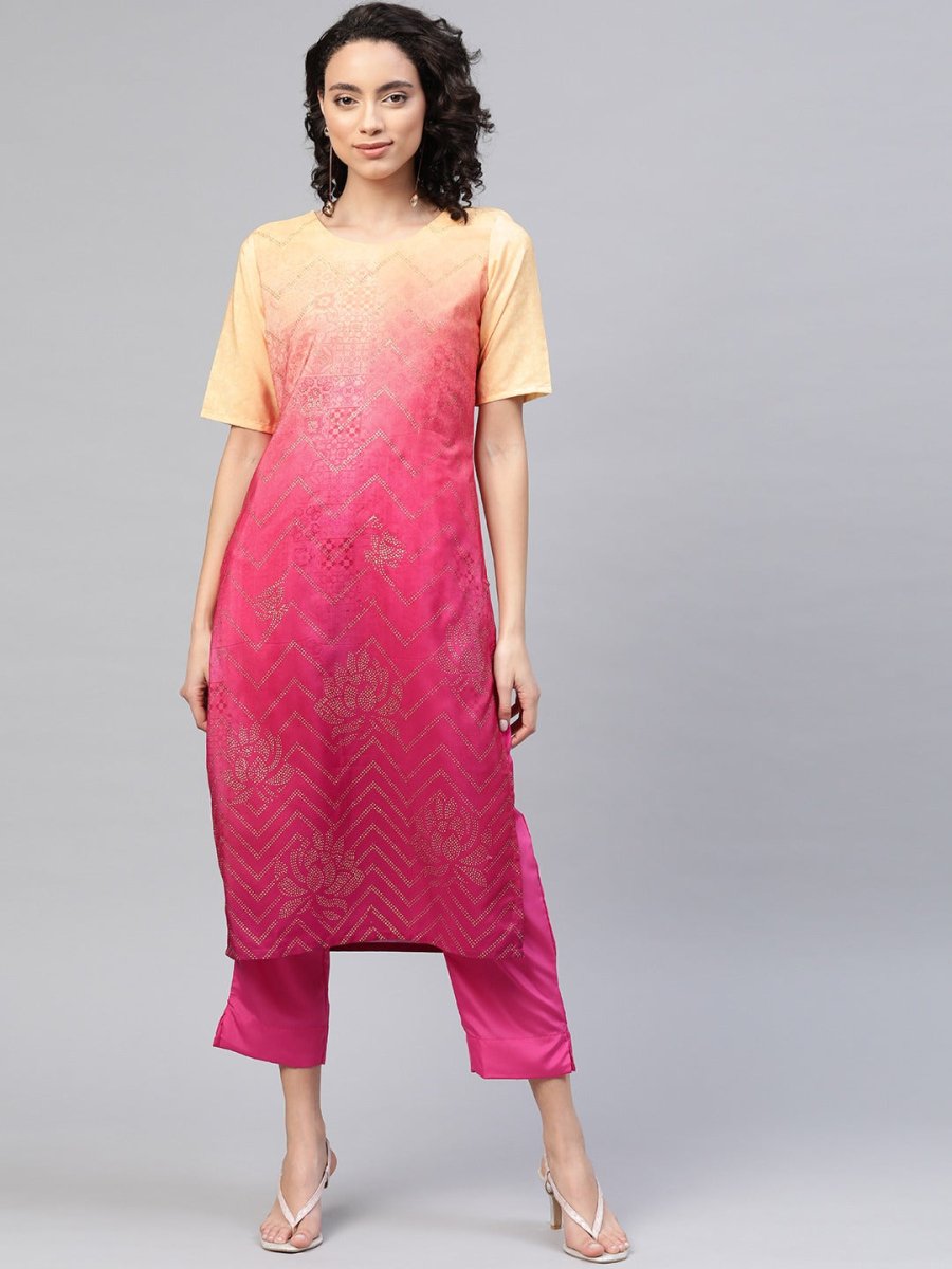 Ahalyaa Women Pink & Golden Dyed Printed Kurta With Trousers | Swadesiicart