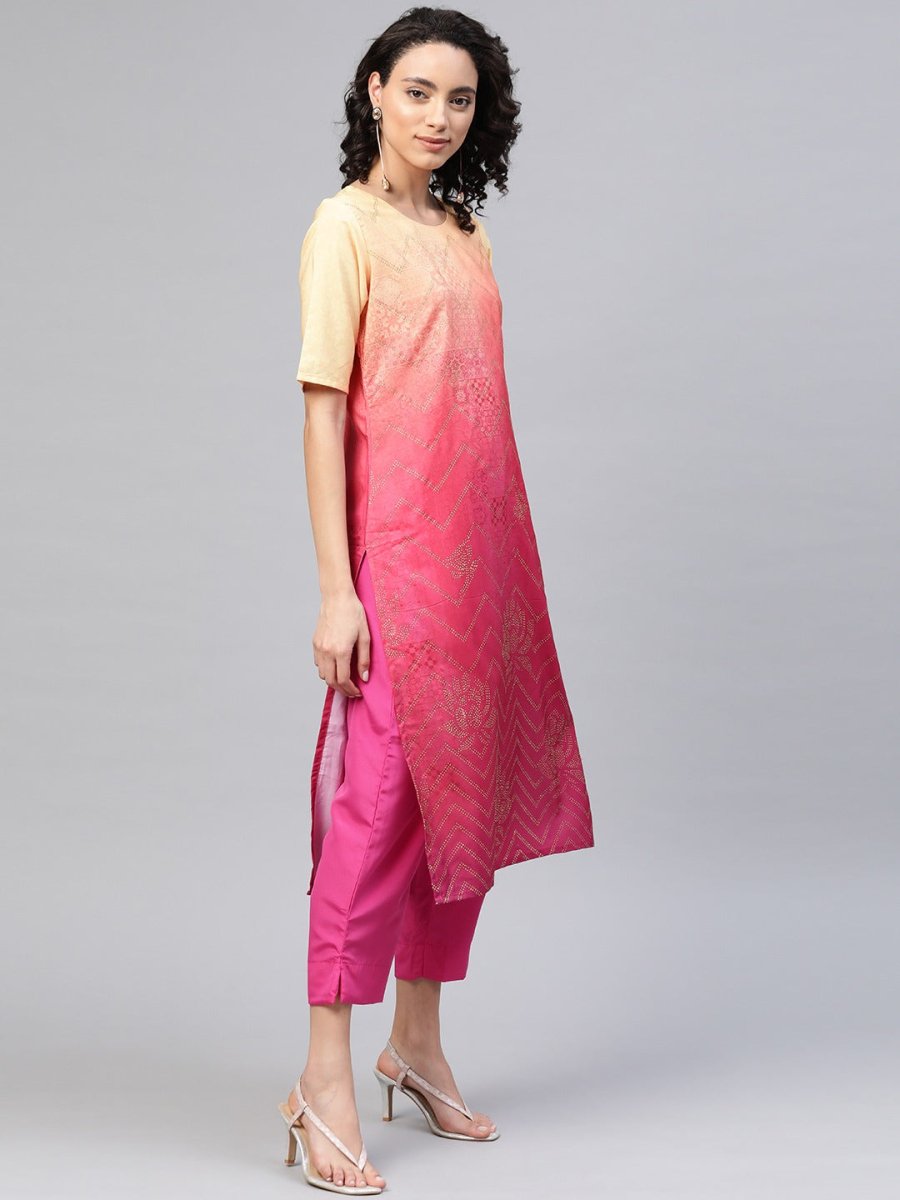 Ahalyaa Women Pink & Golden Dyed Printed Kurta With Trousers | Swadesiicart