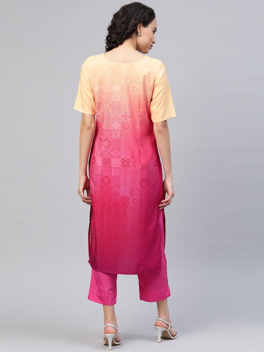 Ahalyaa Women Pink & Golden Dyed Printed Kurta With Trousers | Swadesiicart