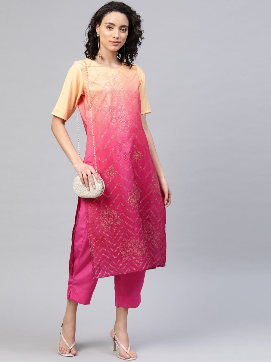 Ahalyaa Women Pink & Golden Dyed Printed Kurta With Trousers | Swadesiicart