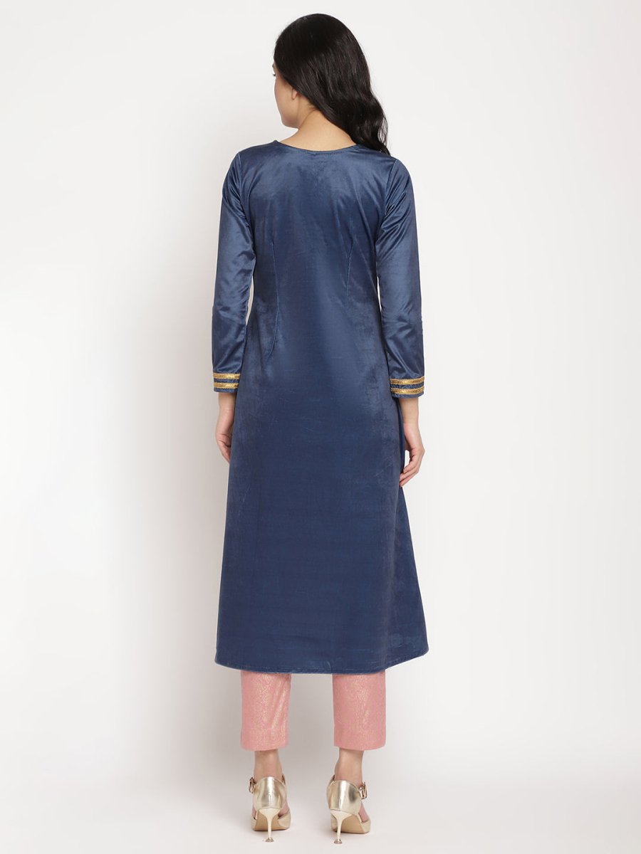 Ahalyaa Women's Navy Solid Velvet Angrakha Kurta With Gold Printed Pant | Swadesiicart
