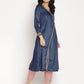 Ahalyaa Women's Navy Solid Velvet Angrakha Kurta With Gold Printed Pant | Swadesiicart
