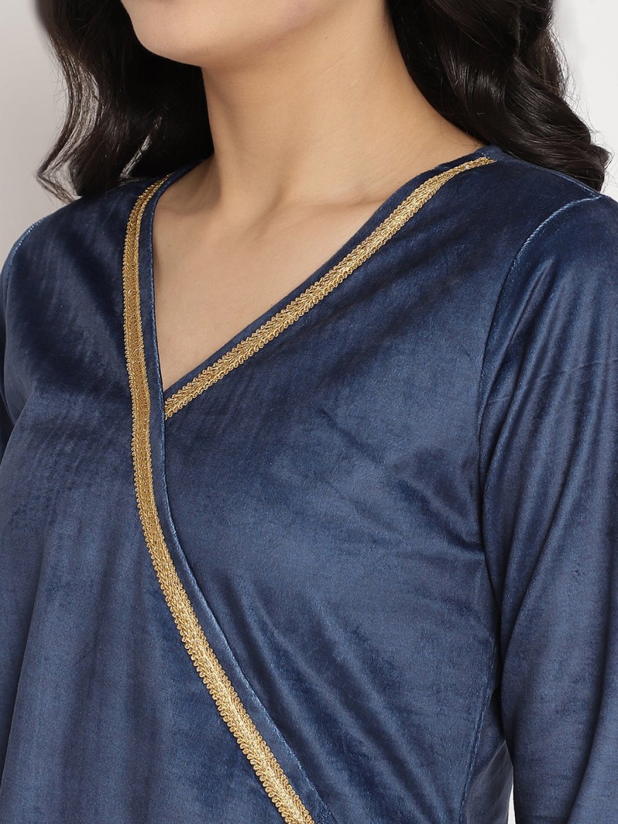 Ahalyaa Women's Navy Solid Velvet Angrakha Kurta With Gold Printed Pant | Swadesiicart