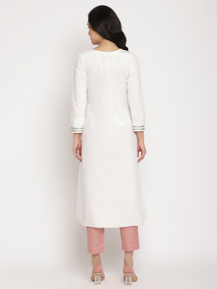 Ahalyaa Women's White Solid Velvet Angrakha Kurta With Gold Printed Pant | Swadesiicart