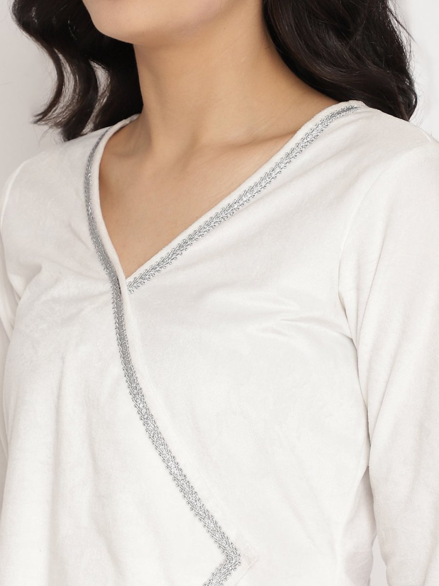 Ahalyaa Women's White Solid Velvet Angrakha Kurta With Gold Printed Pant | Swadesiicart