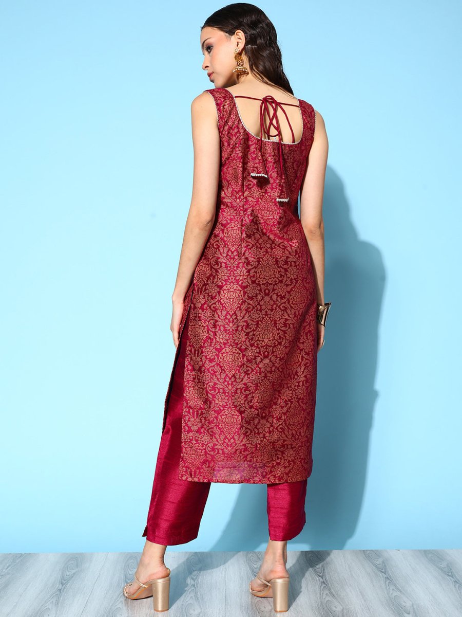 Ahalyaa Burgundy Ethnic Motif Woven Design Sleeveless Kurta | Swadesiicart