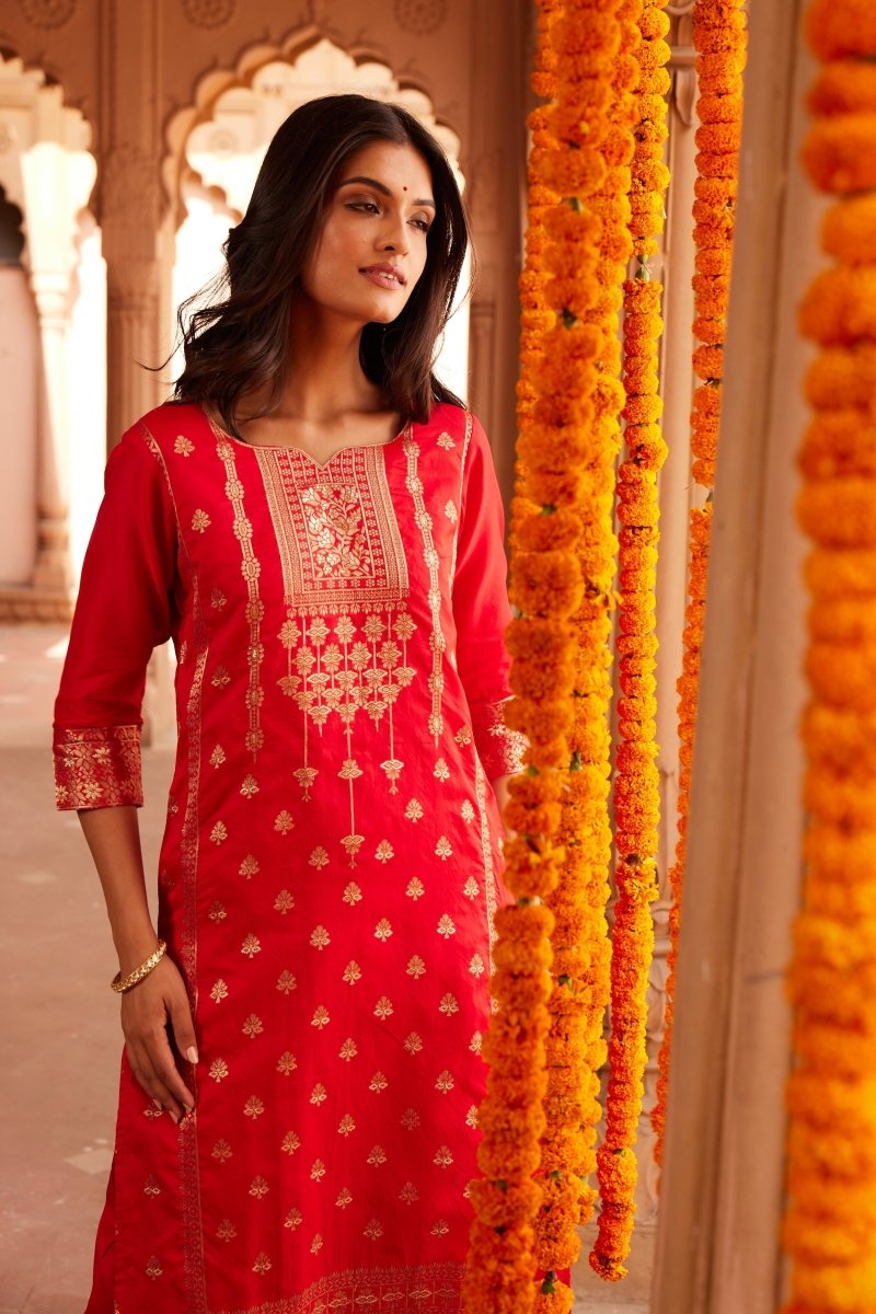 Ahalyaa Women Red Ethnic Motifs Kurta with Trousers | Swadesiicart