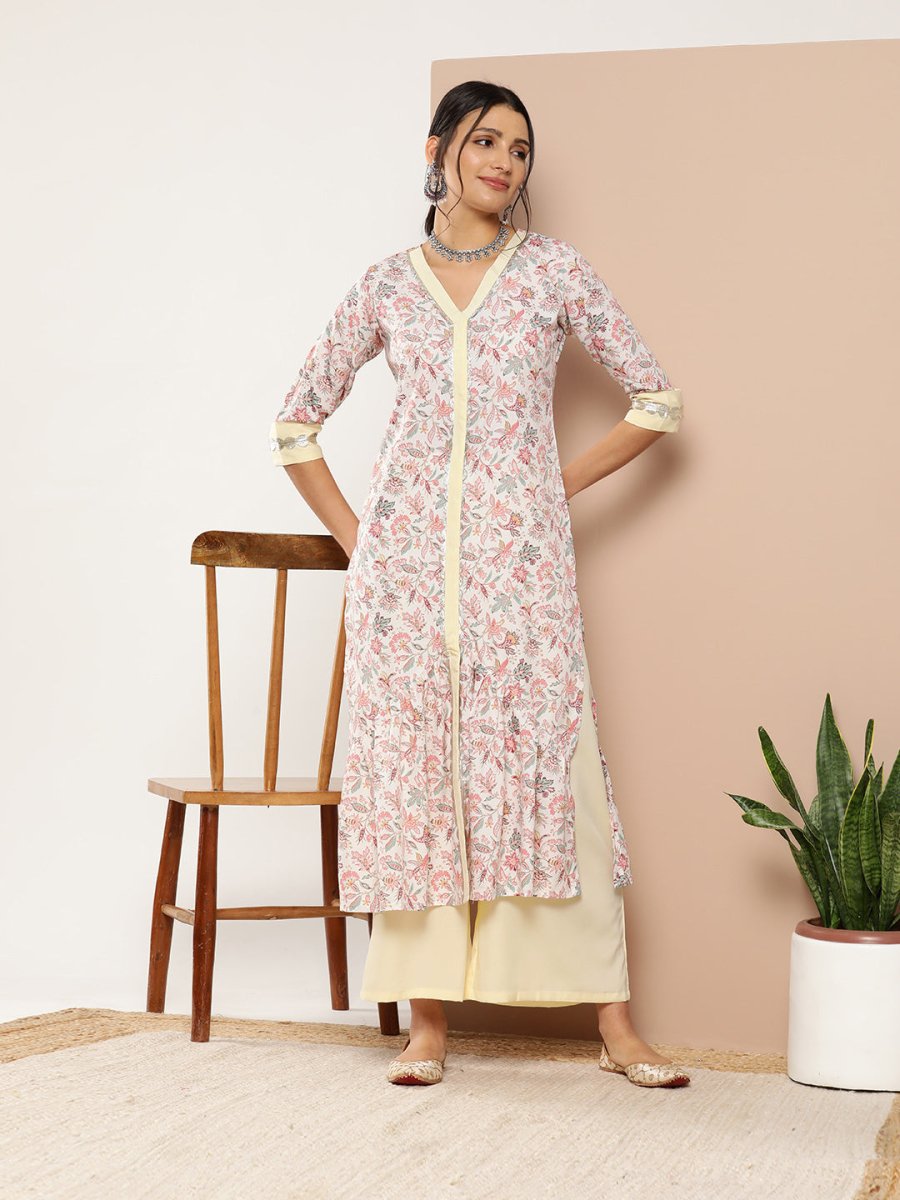 Ahalyaa Women Pink Floral Printed Pleated Gotta Patti Kurta with Palazzos | Swadesiicart