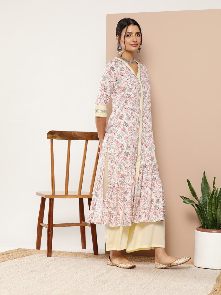 Ahalyaa Women Pink Floral Printed Pleated Gotta Patti Kurta with Palazzos | Swadesiicart