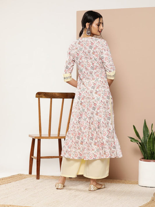 Ahalyaa Women Pink Floral Printed Pleated Gotta Patti Kurta with Palazzos | Swadesiicart