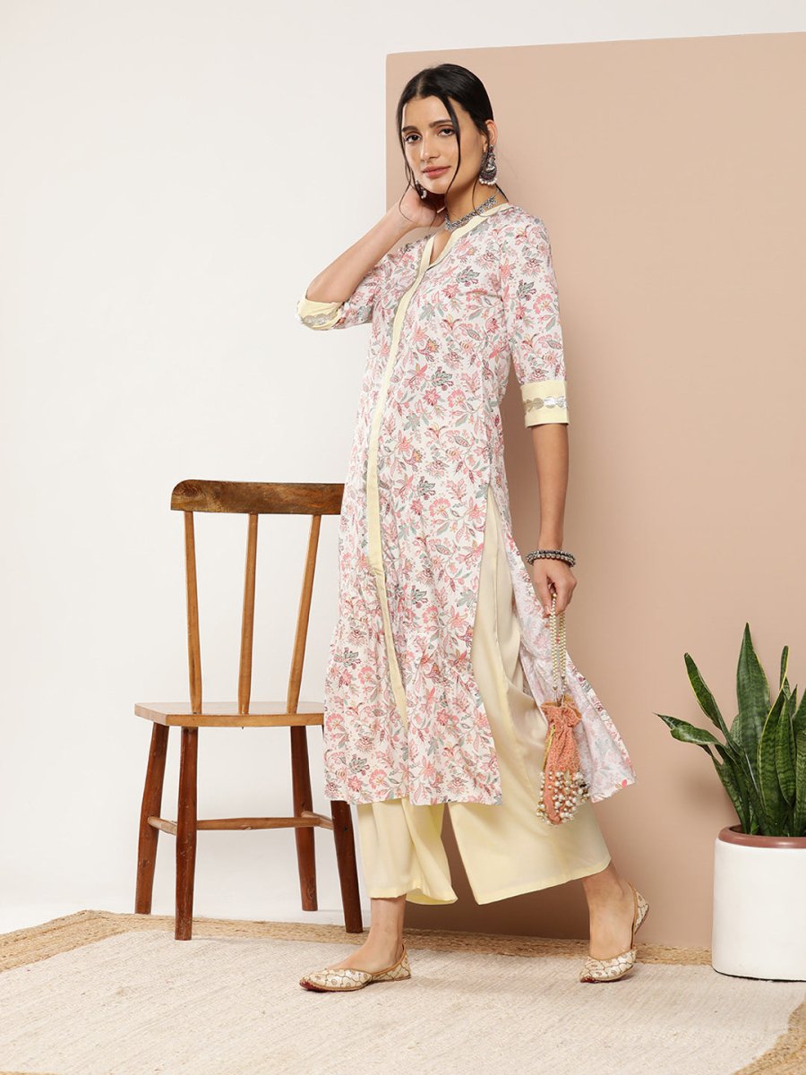 Ahalyaa Women Pink Floral Printed Pleated Gotta Patti Kurta with Palazzos | Swadesiicart