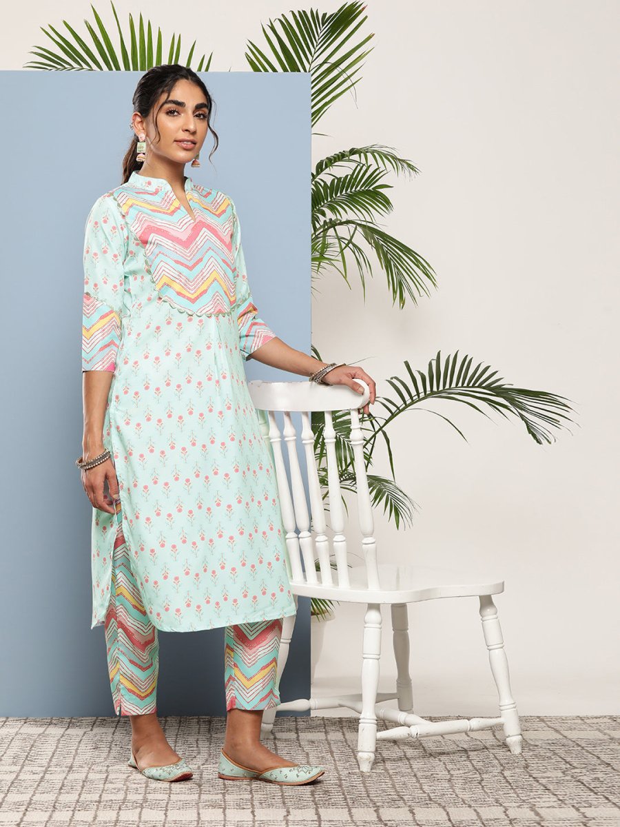 Ahalyaa Women Turquoise Blue Printed Gotta Patti Kurta with Trousers | Swadesiicart