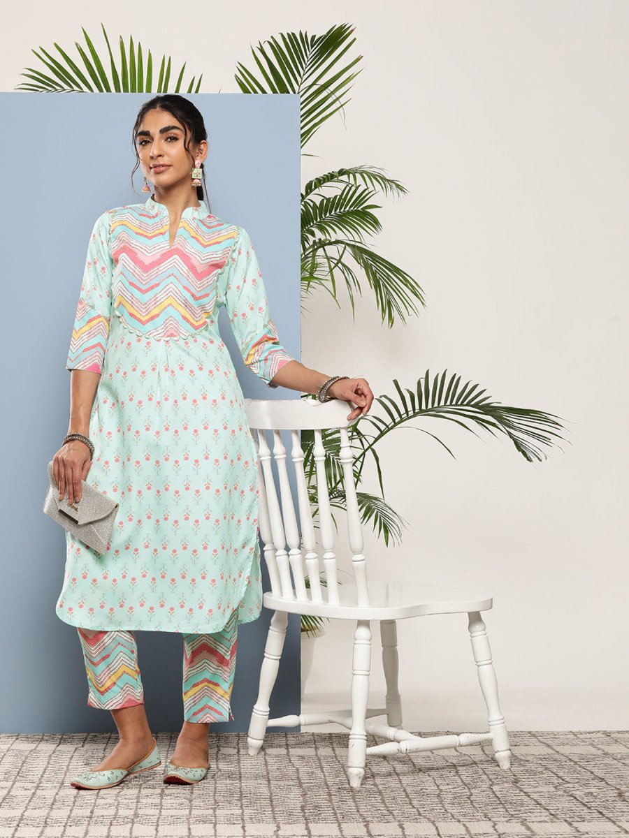 Ahalyaa Women Turquoise Blue Printed Gotta Patti Kurta with Trousers | Swadesiicart