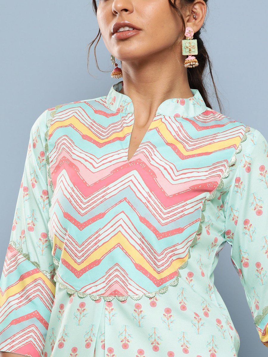 Ahalyaa Women Turquoise Blue Printed Gotta Patti Kurta with Trousers | Swadesiicart