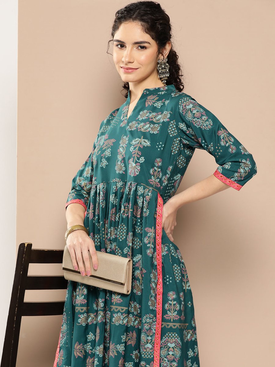 Ahalyaa Women Floral Printed Pleated Kurta with Trousers | Swadesiicart