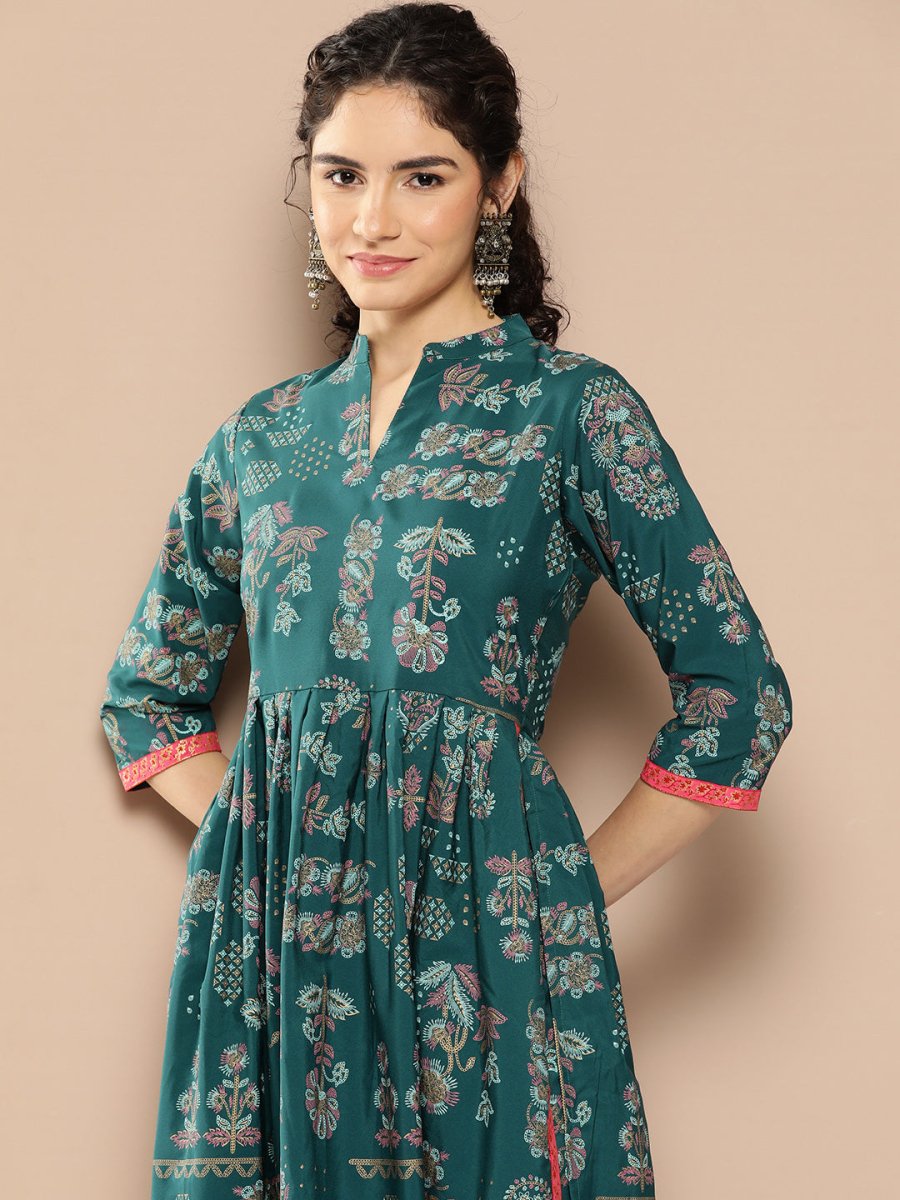 Ahalyaa Women Floral Printed Pleated Kurta with Trousers | Swadesiicart