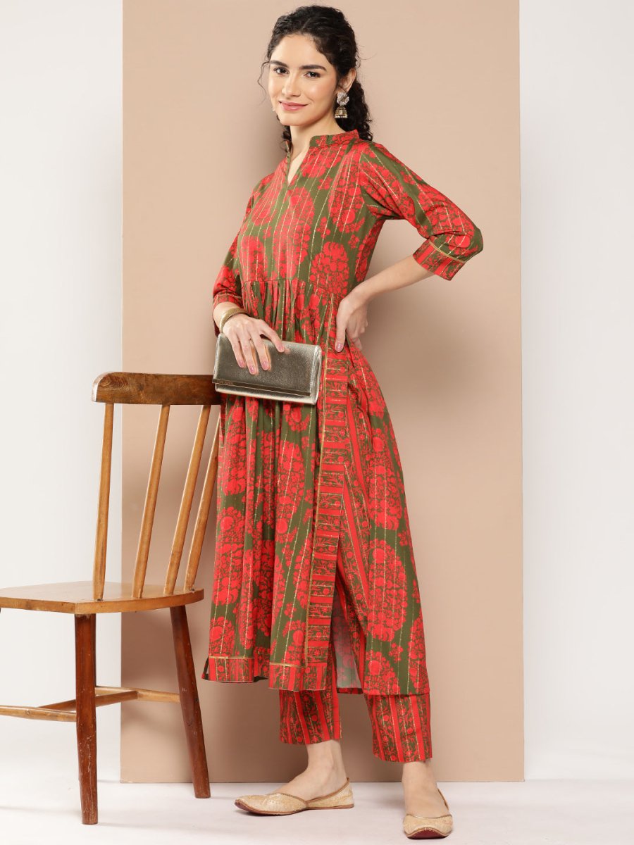 Ahalyaa Women Floral Printed Pleated Gotta Patti Kurta with Trousers | Swadesiicart