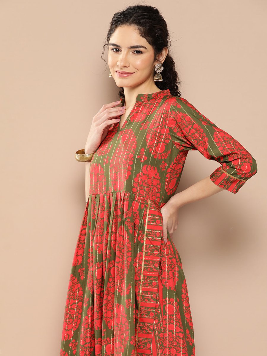 Ahalyaa Women Floral Printed Pleated Gotta Patti Kurta with Trousers | Swadesiicart