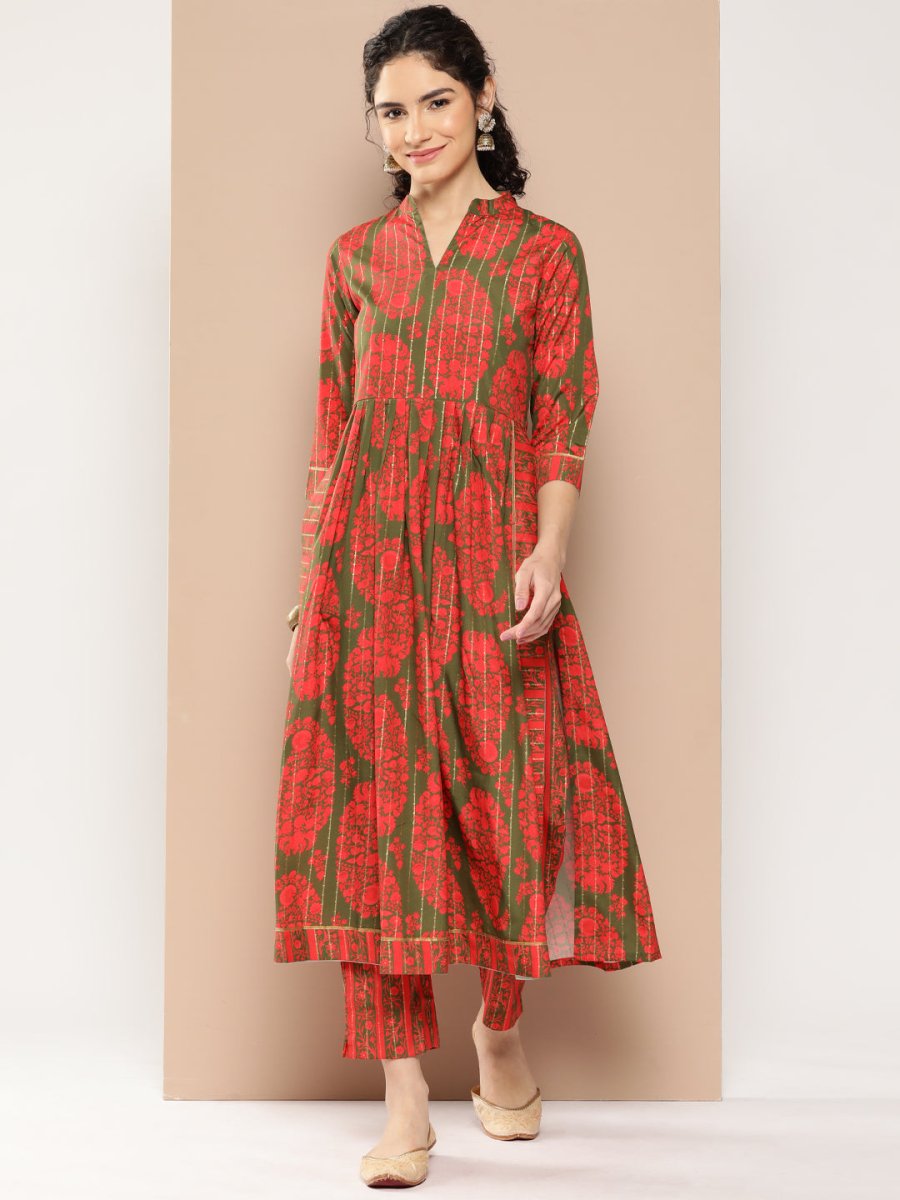 Ahalyaa Women Floral Printed Pleated Gotta Patti Kurta with Trousers | Swadesiicart