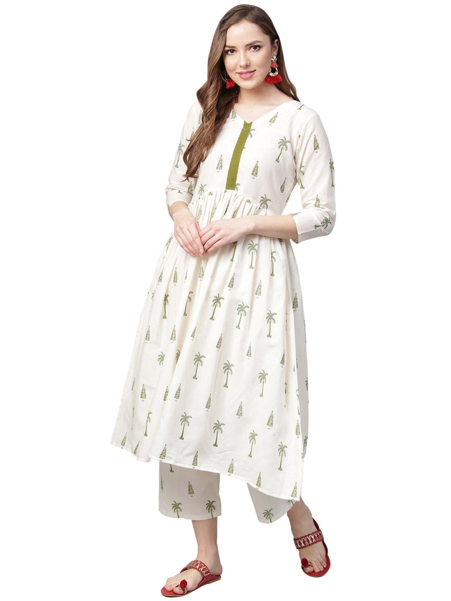 Ahalyaa Pure Cotton Off White Gathered Kurta With Pant | Swadesiicart