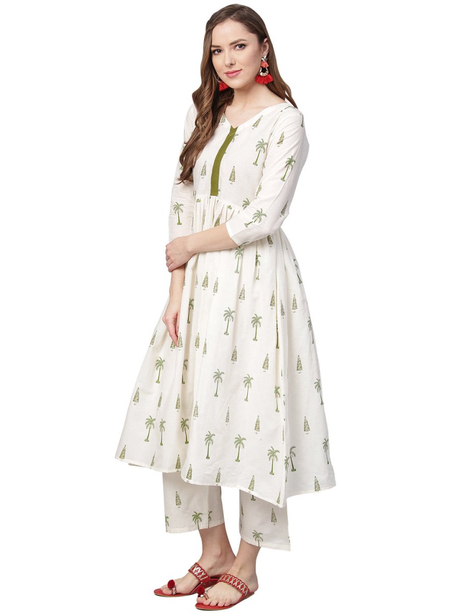 Ahalyaa Pure Cotton Off White Gathered Kurta With Pant | Swadesiicart