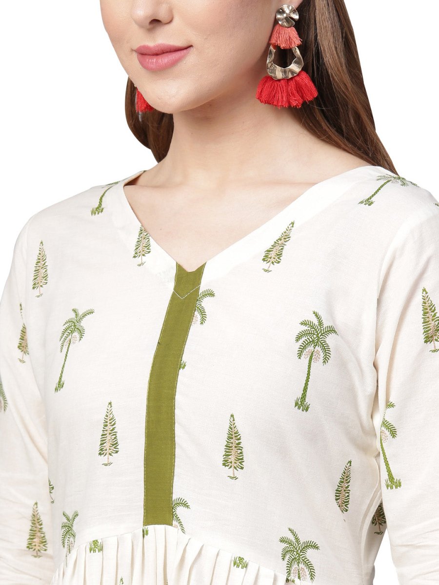 Ahalyaa Pure Cotton Off White Gathered Kurta With Pant | Swadesiicart