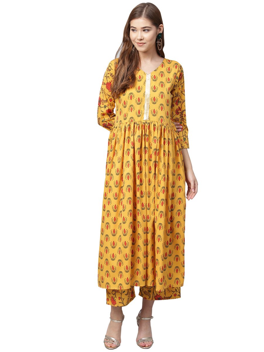 Ahalyaa Mustard Gathered Printed Kurta With Pant | Swadesiicart