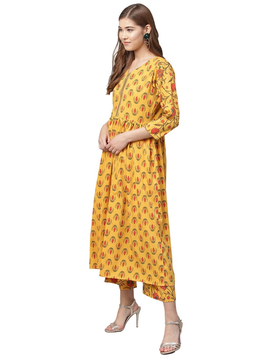 Ahalyaa Mustard Gathered Printed Kurta With Pant | Swadesiicart