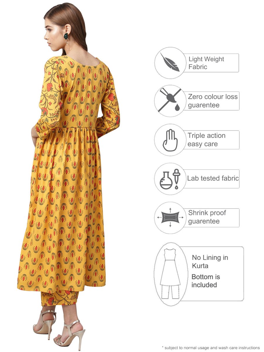 Ahalyaa Mustard Gathered Printed Kurta With Pant | Swadesiicart