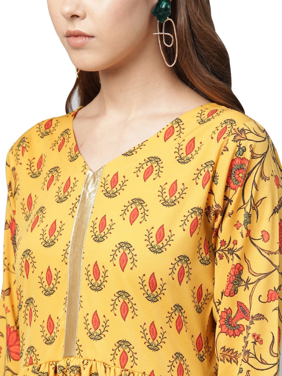 Ahalyaa Mustard Gathered Printed Kurta With Pant | Swadesiicart