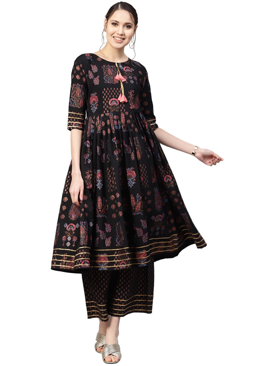 Ahalyaa Black Poly Crepe A-Line Kurta Set | Swadesiicart