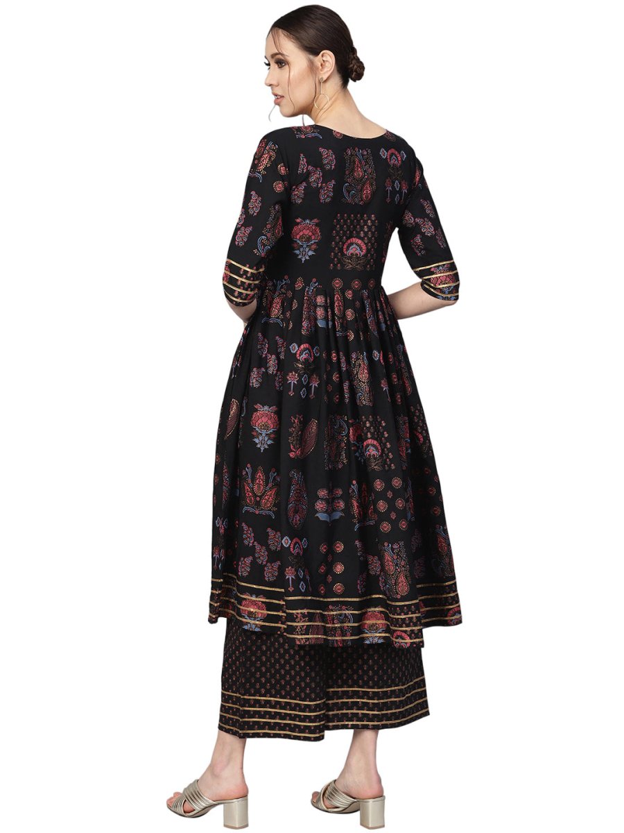 Ahalyaa Black Poly Crepe A-Line Kurta Set | Swadesiicart