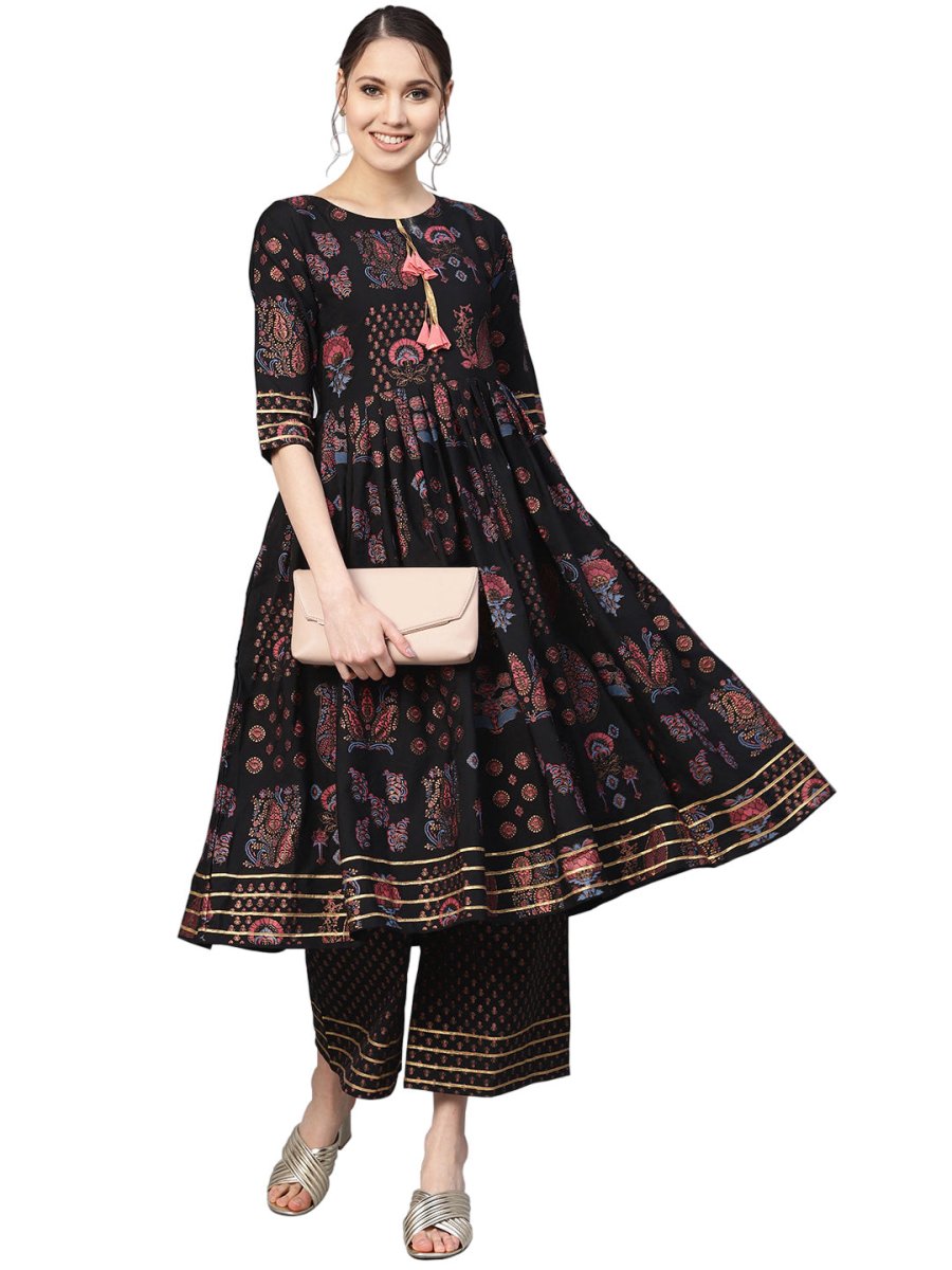 Ahalyaa Black Poly Crepe A-Line Kurta Set | Swadesiicart