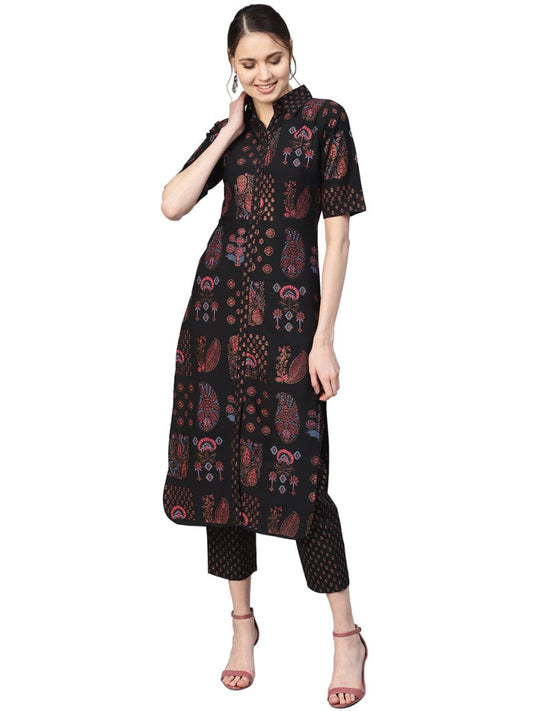 Ahalyaa Black Poly Crepe Pathani Kurta Set | Swadesiicart