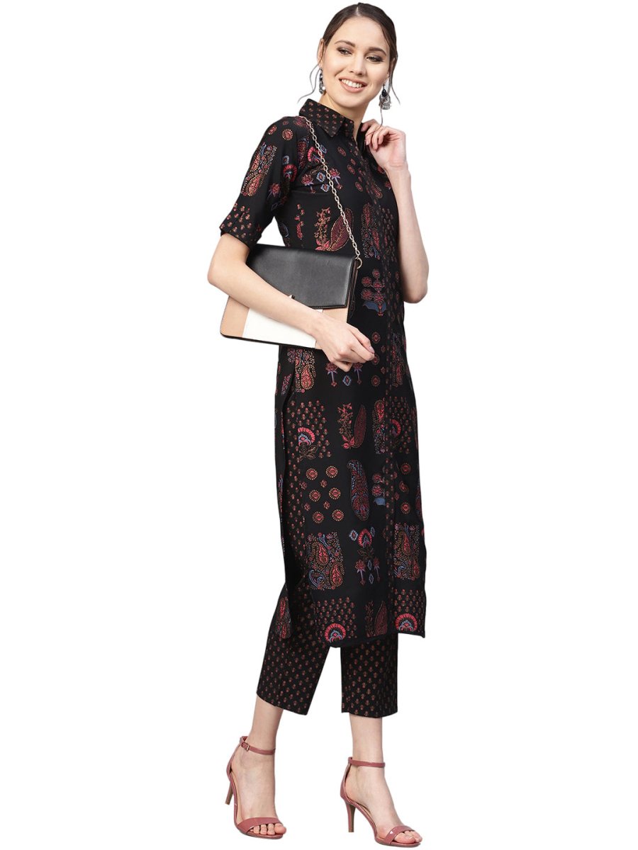 Ahalyaa Black Poly Crepe Pathani Kurta Set | Swadesiicart