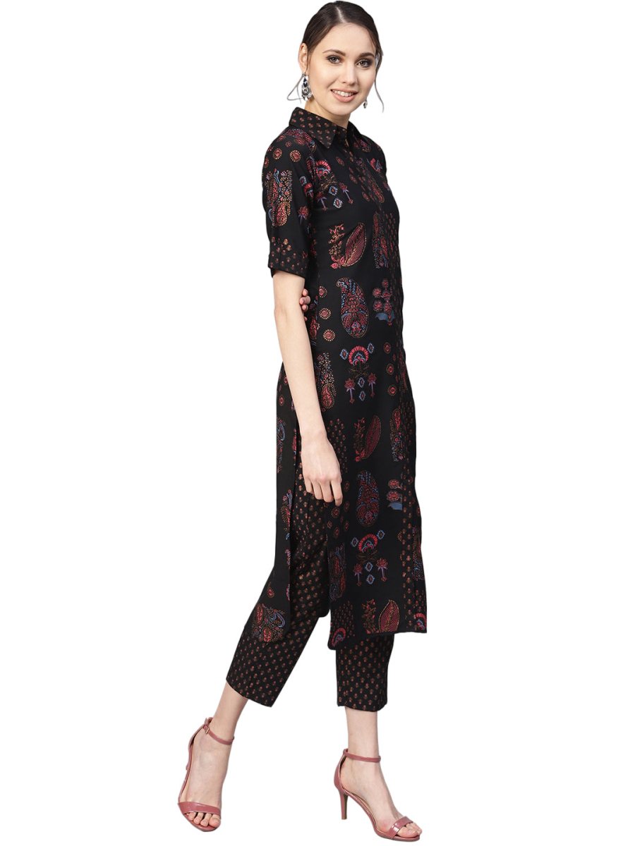 Ahalyaa Black Poly Crepe Pathani Kurta Set | Swadesiicart