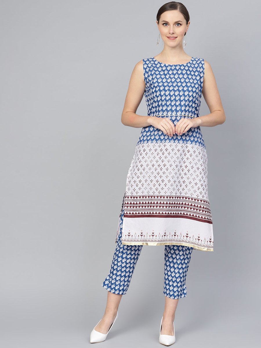 Ahalyaa Women Blue & White Printed Kurta with Trousers | Swadesiicart