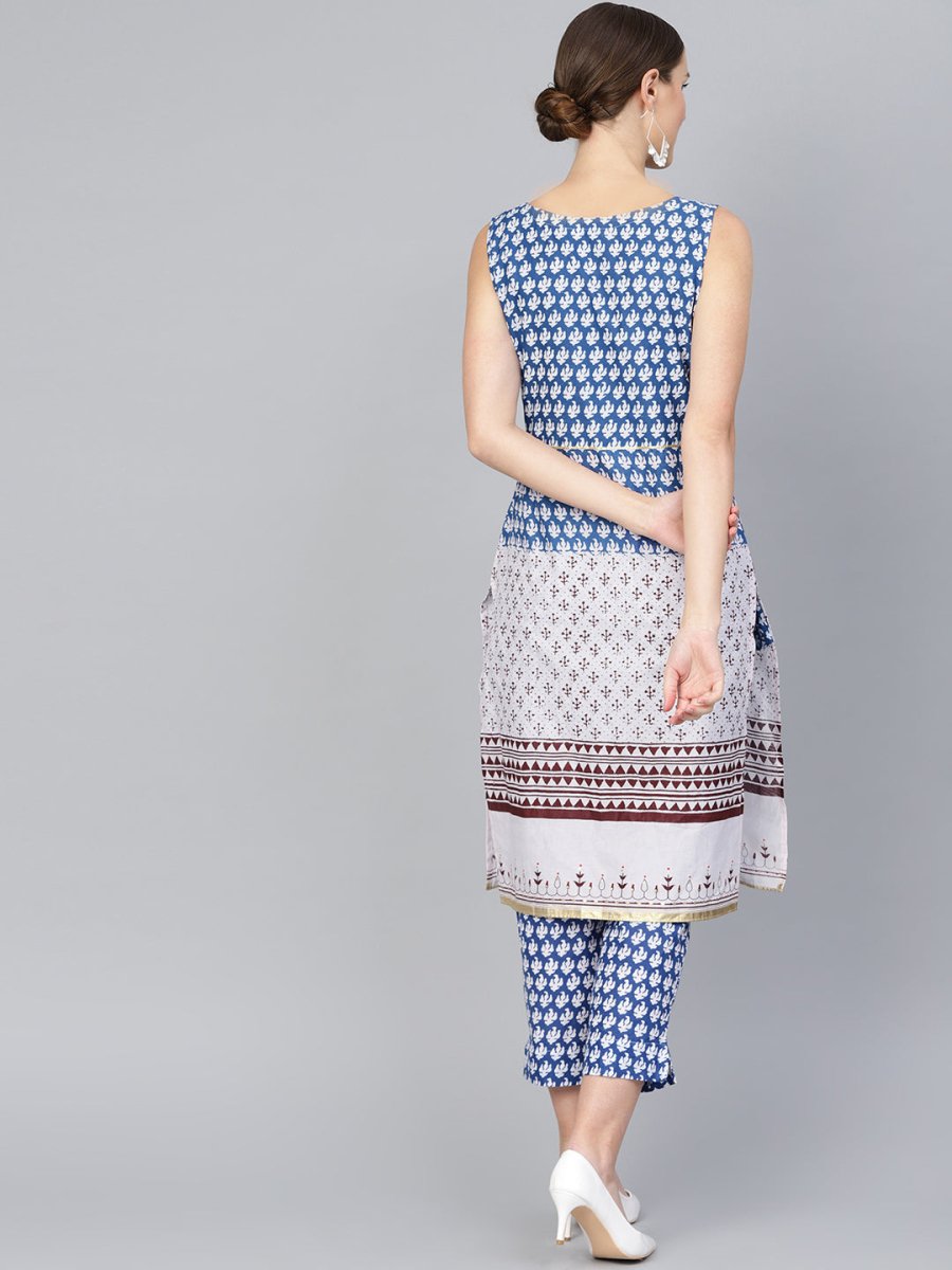 Ahalyaa Women Blue & White Printed Kurta with Trousers | Swadesiicart