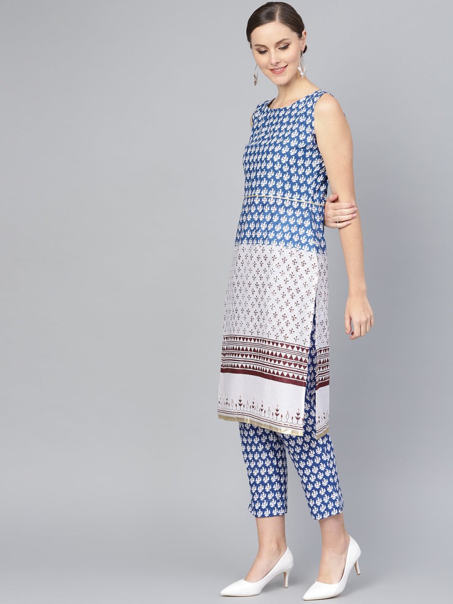 Ahalyaa Women Blue & White Printed Kurta with Trousers | Swadesiicart