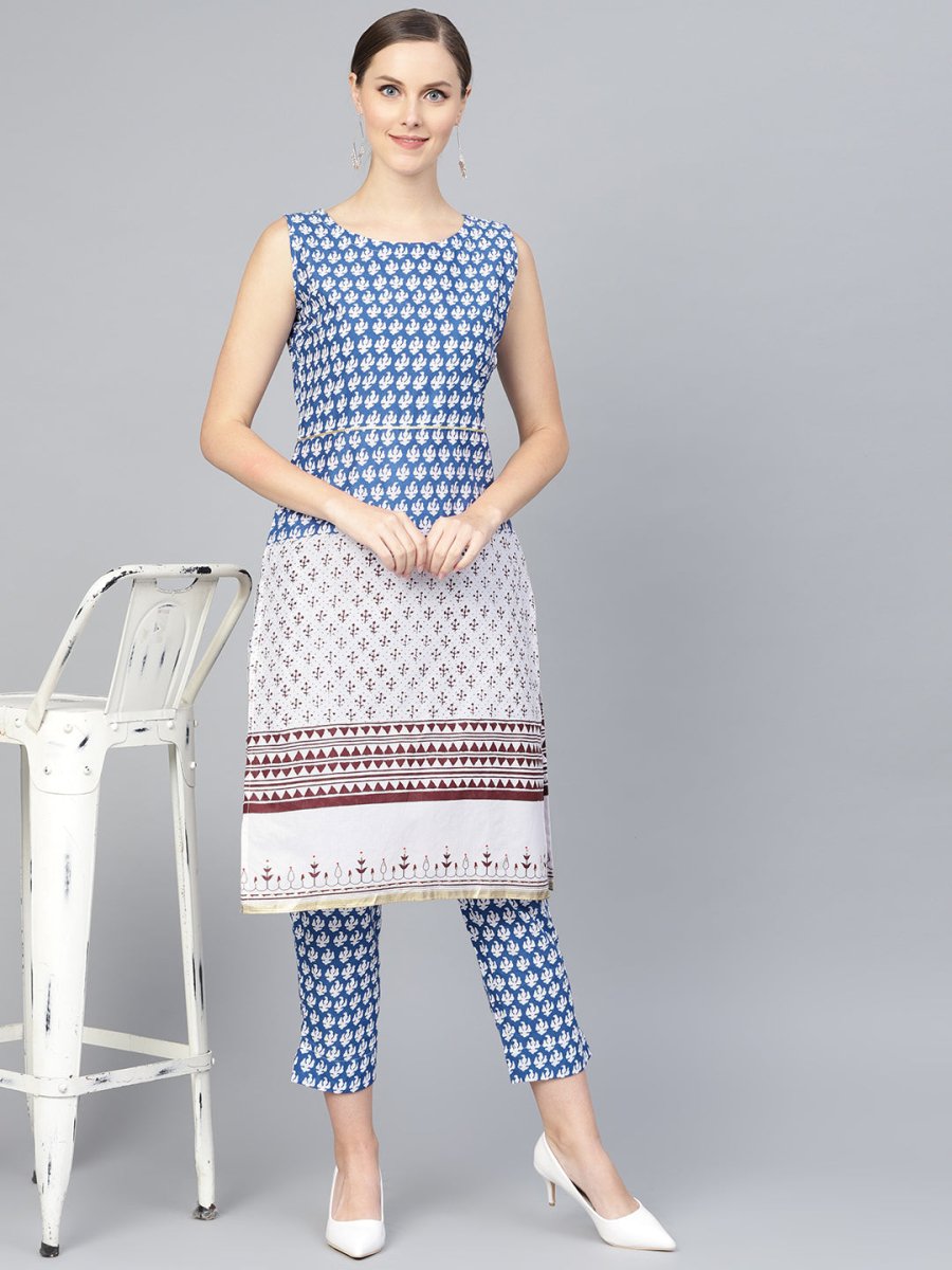 Ahalyaa Women Blue & White Printed Kurta with Trousers | Swadesiicart