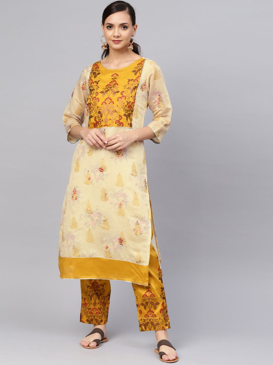 Ahalyaa Women Beige & Mustard Yellow Printed Kurta with Trousers | Swadesiicart